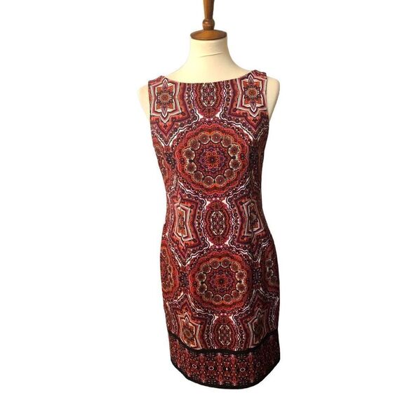 London Times earth tones medallion prints stretch sheath dress Size 4 - Picture 1 of 11